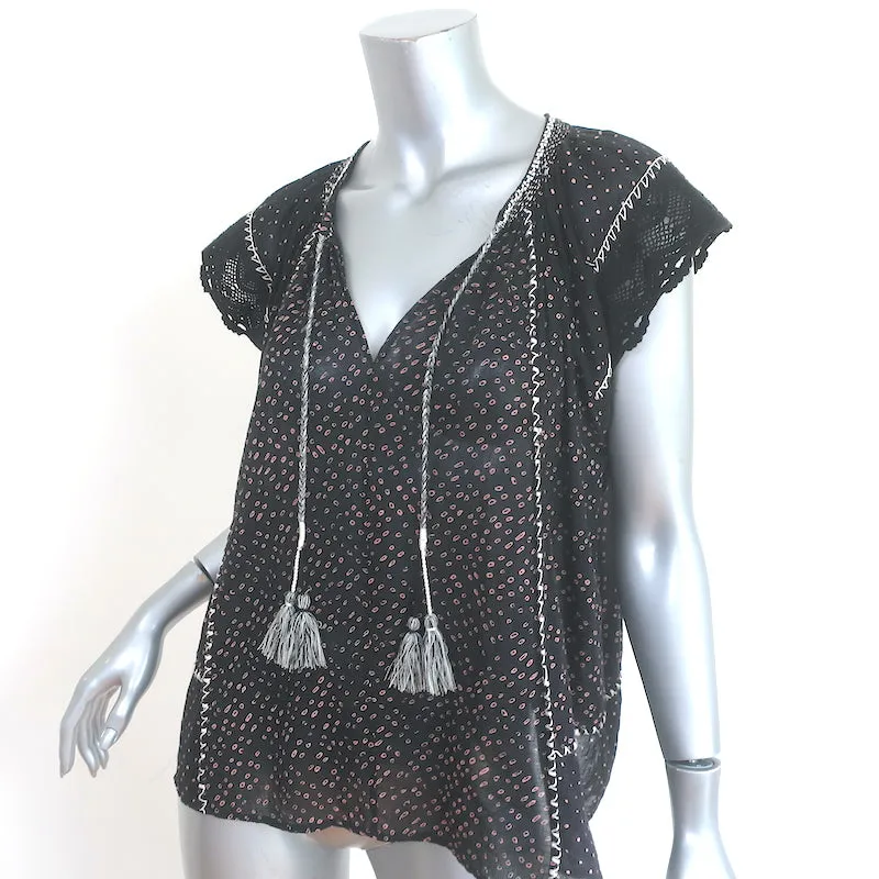 Ulla Johnson Rena Quasten Top Schwarz Gedruckte Baumwolle Größe 6 Bluse mit Kurzärmeln