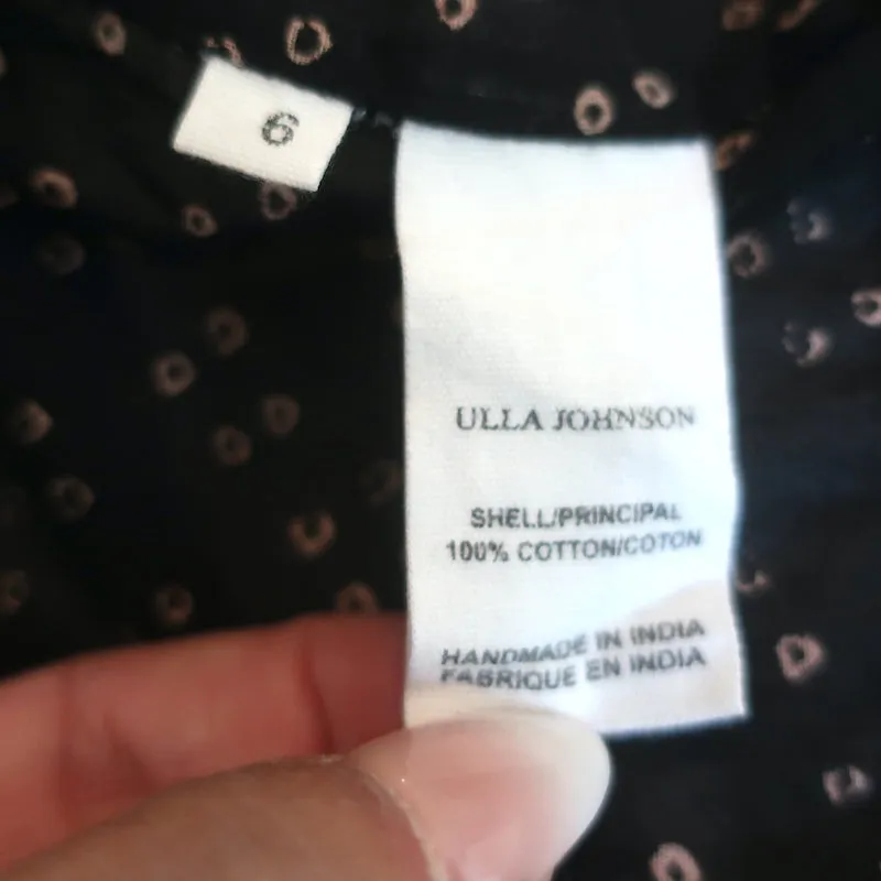 Ulla Johnson Rena Quasten Top Schwarz Gedruckte Baumwolle Größe 6 Bluse mit Kurzärmeln