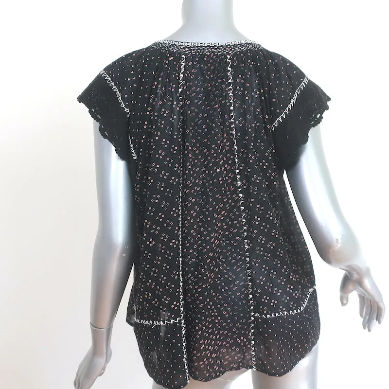 Ulla Johnson Rena Quasten Top Schwarz Gedruckte Baumwolle Größe 6 Bluse mit Kurzärmeln