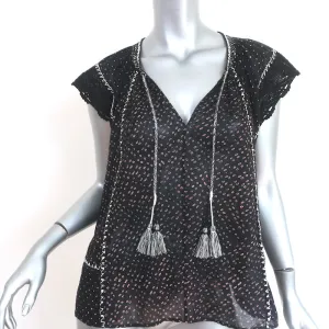 Ulla Johnson Rena Quasten Top Schwarz Gedruckte Baumwolle Größe 6 Bluse mit Kurzärmeln