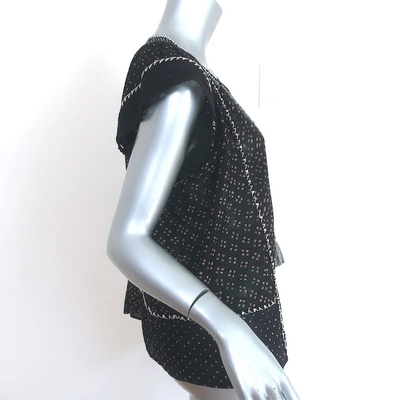 Ulla Johnson Rena Quasten Top Schwarz Gedruckte Baumwolle Größe 6 Bluse mit Kurzärmeln
