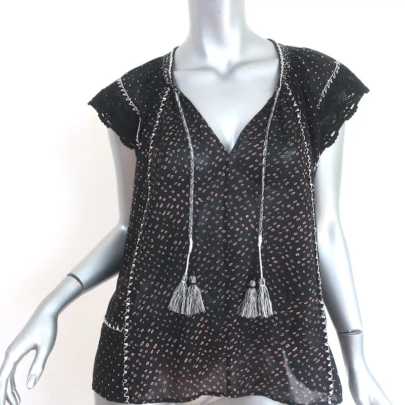 Ulla Johnson Rena Quasten Top Schwarz Gedruckte Baumwolle Größe 6 Bluse mit Kurzärmeln