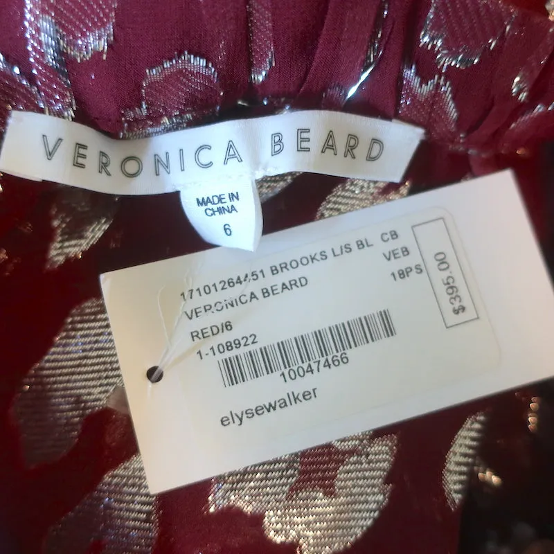 Veronica Beard Brooks Bündchen-Bluse in Burgunder Metallic Seide Größe 6 NEU