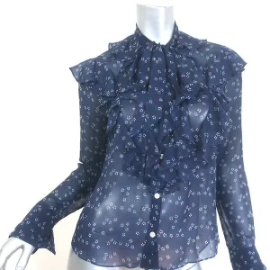 Veronica Beard Finley Rüschen-Bluse mit Krawattenverschluss Marine Blumenprint Chiffon Größe 0