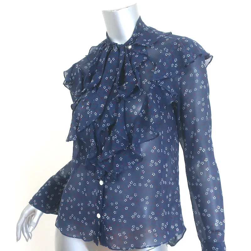 Veronica Beard Finley Rüschen-Bluse mit Krawattenverschluss Marine Blumenprint Chiffon Größe 0