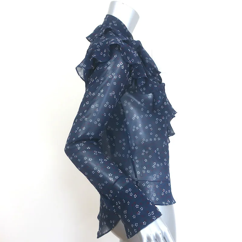 Veronica Beard Finley Rüschen-Bluse mit Krawattenverschluss Marine Blumenprint Chiffon Größe 0