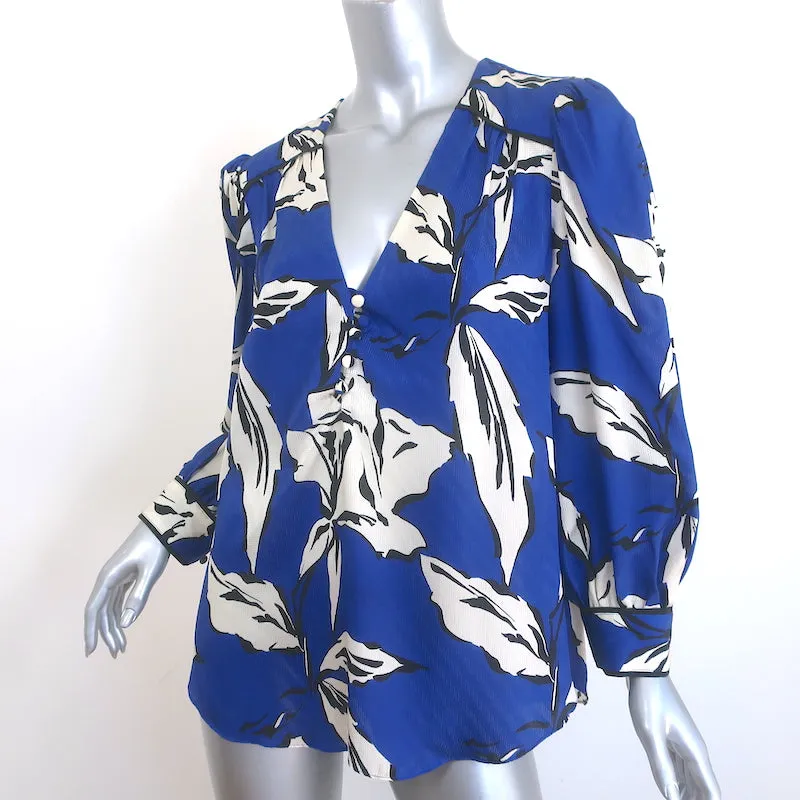Veronica Beard Mailand Top Blau Blumenmuster Seiden-Mix Größe 10 Puffärmel Bluse