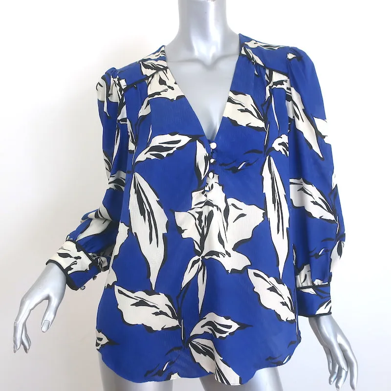 Veronica Beard Mailand Top Blau Blumenmuster Seiden-Mix Größe 10 Puffärmel Bluse