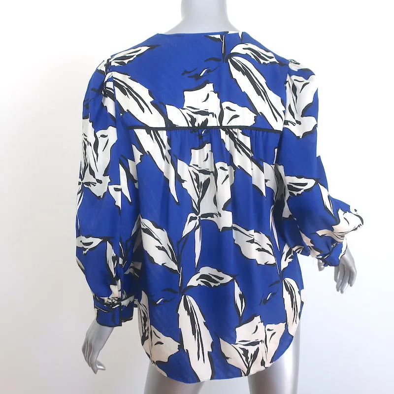 Veronica Beard Mailand Top Blau Blumenmuster Seiden-Mix Größe 10 Puffärmel Bluse