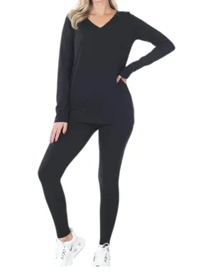 V-Ausschnitt Top und Leggings Lounge-Schlafanzug-Set in Schwarz