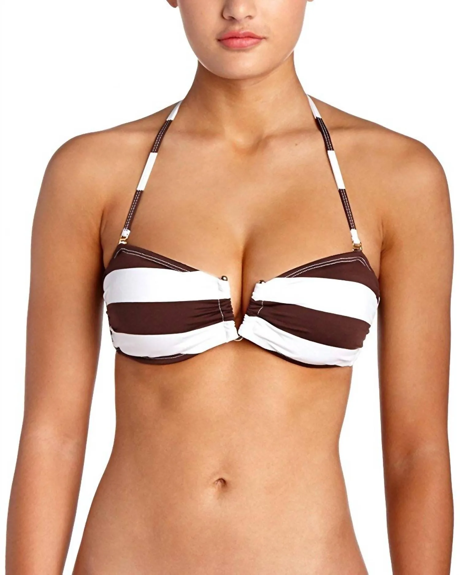 Frauen Godiva Streifen Halter Spaghetti-Träger Bandeau Bikini-Oberteil in Braun Weiß
