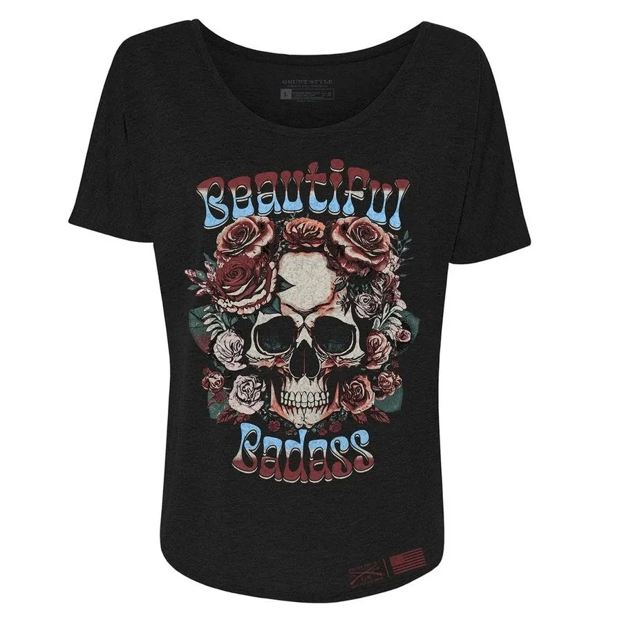 Frauen Schönes Badass Blumen Slouchy T-Shirt - Schwarz