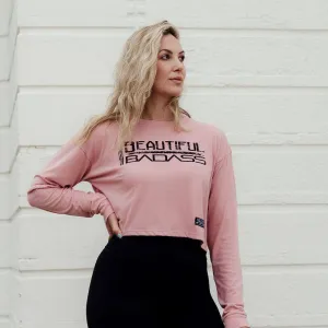 Frauen Schickes Badass Langarm Cropped T-Shirt - Wüstenrosa