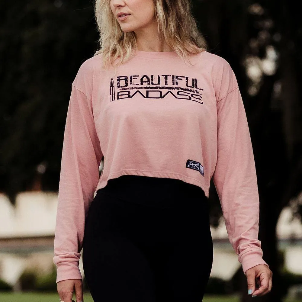 Frauen Schickes Badass Langarm Cropped T-Shirt - Wüstenrosa