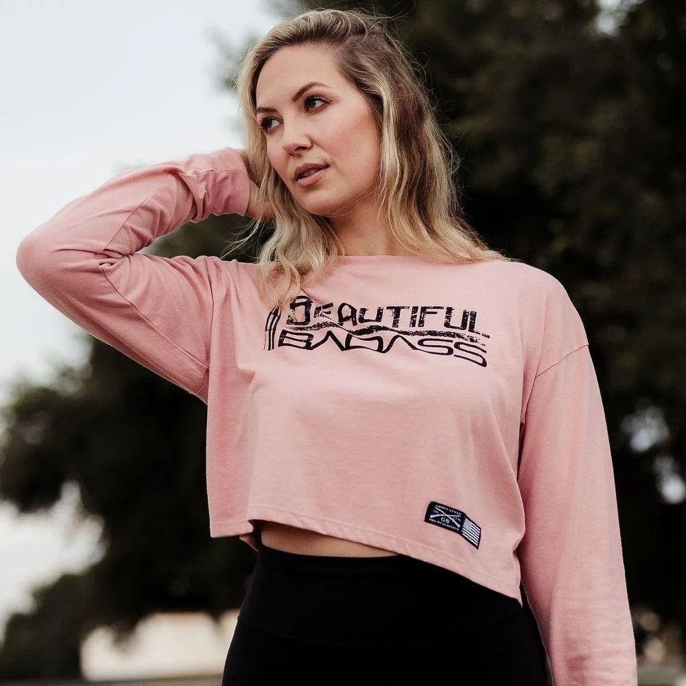 Frauen Schickes Badass Langarm Cropped T-Shirt - Wüstenrosa