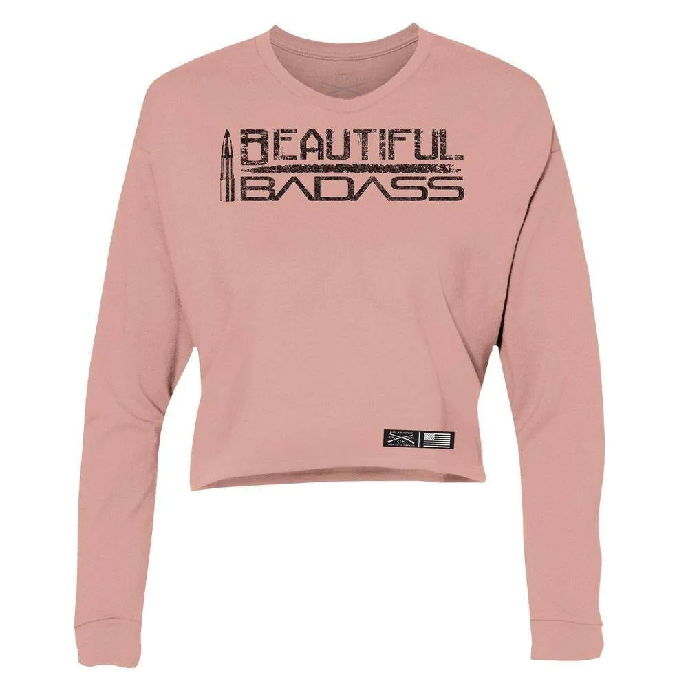 Frauen Schickes Badass Langarm Cropped T-Shirt - Wüstenrosa