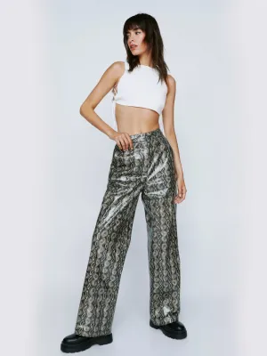 Damen-Hose aus Kunstleder mit Krokodildruck, grau