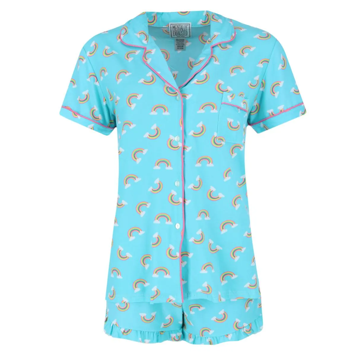 Damen-Regenbogen-Ausschnitt Kurzarm-Pyjama-Set mit Shorts
