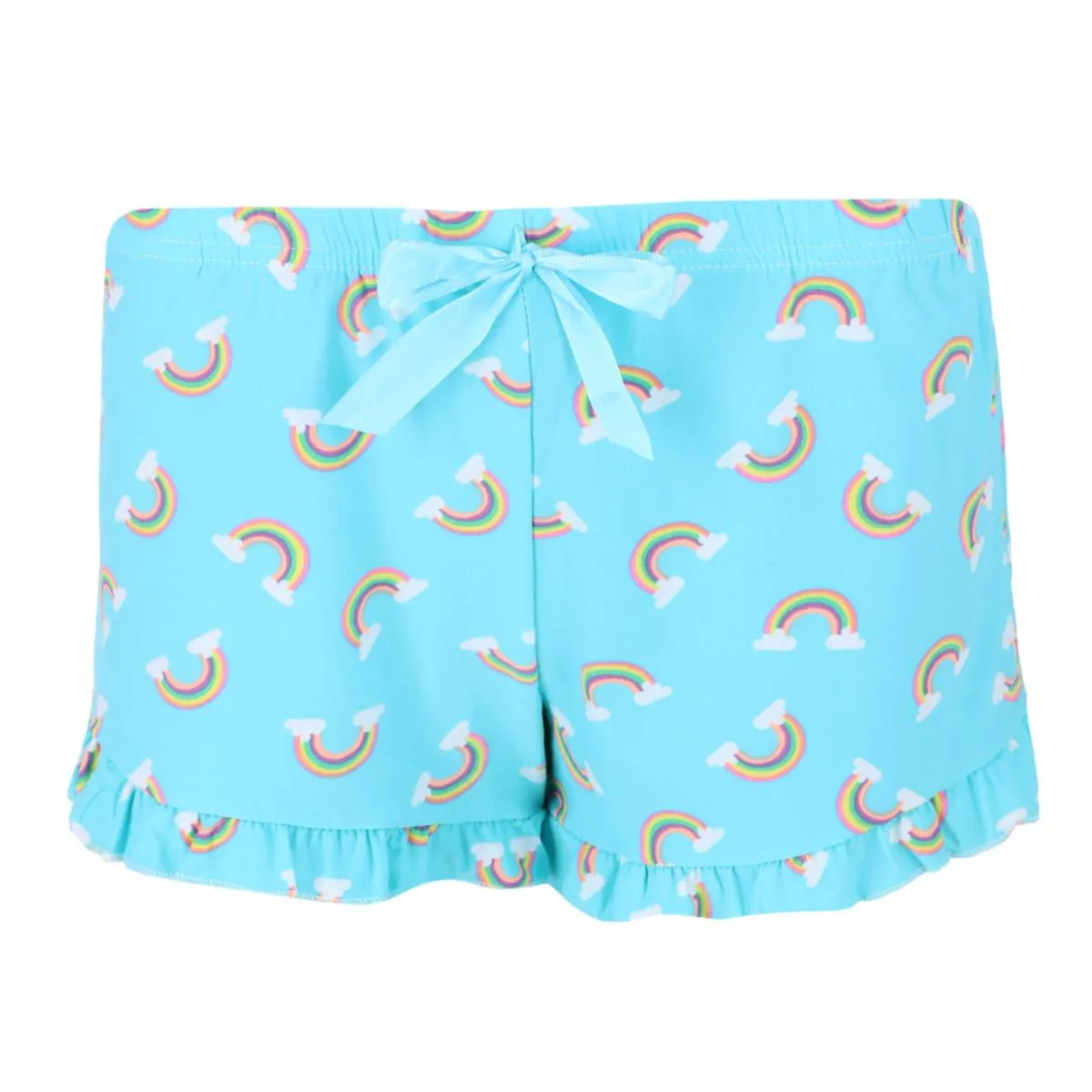 Damen-Regenbogen-Ausschnitt Kurzarm-Pyjama-Set mit Shorts