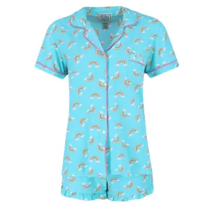 Damen-Regenbogen-Ausschnitt Kurzarm-Pyjama-Set mit Shorts