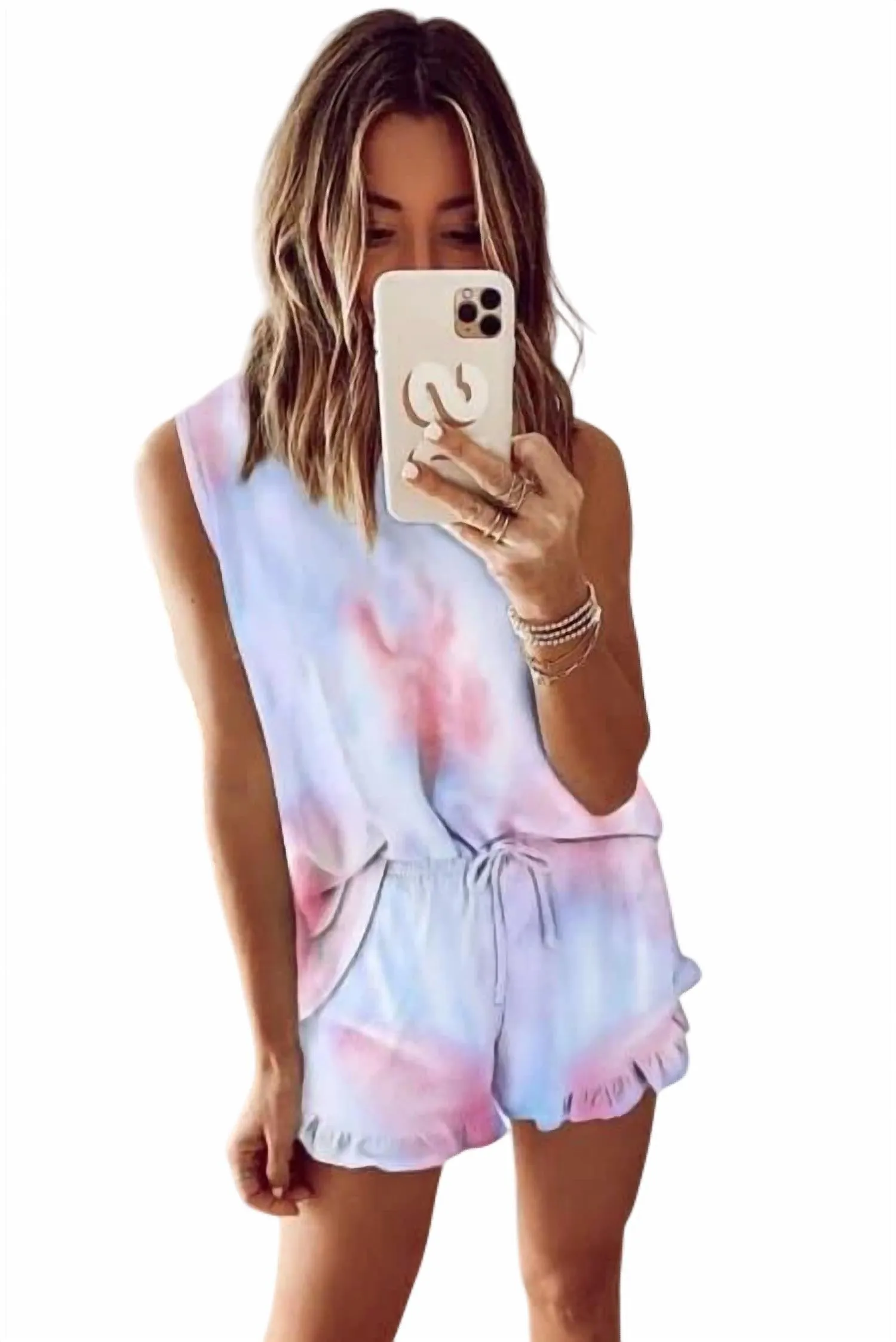 Damen Vered Loungewear Shorts-Set in Rosa & Blau