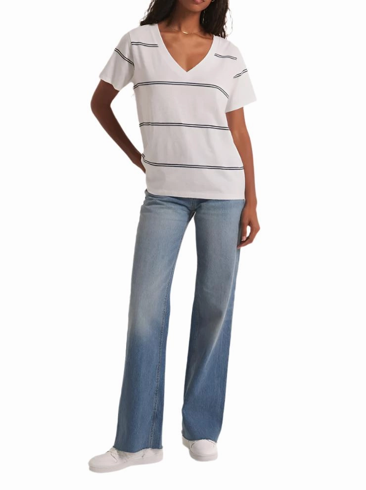Z Supply Striped V Neck Pocket Tee White
