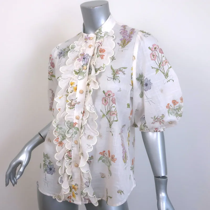 Zimmermann Jeannie Bluse mit Puffärmeln und Bogenkante Weiß Blumenprint Baumwolle Größe 2