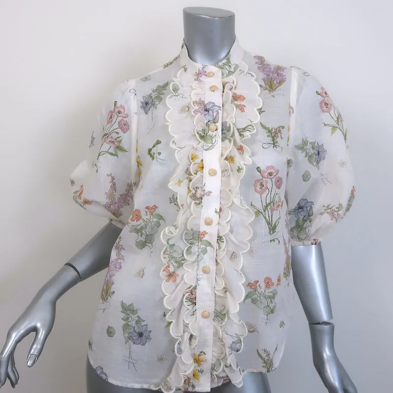 Zimmermann Jeannie Bluse mit Puffärmeln und Bogenkante Weiß Blumenprint Baumwolle Größe 2