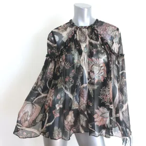 Zimmermann Prächtiges Geflochtenes Oberteil Schwarz Blumenmuster Chiffon Größe 1 Glockenärmel Bluse