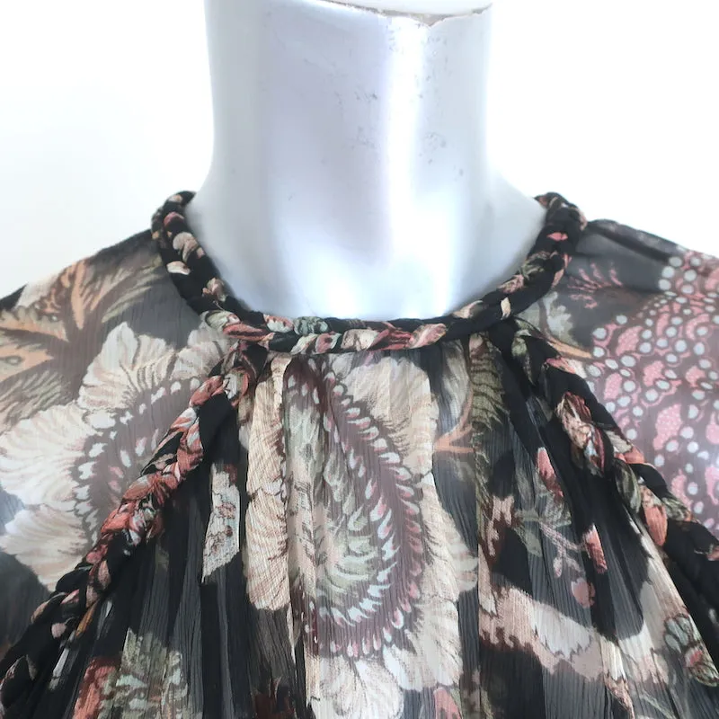 Zimmermann Prächtiges Geflochtenes Oberteil Schwarz Blumenmuster Chiffon Größe 1 Glockenärmel Bluse