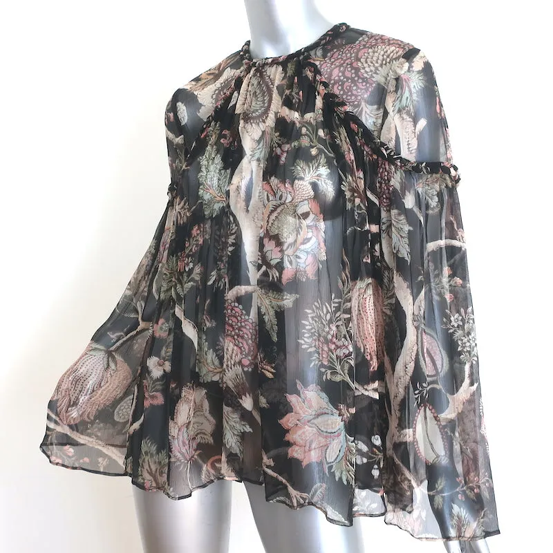 Zimmermann Prächtiges Geflochtenes Oberteil Schwarz Blumenmuster Chiffon Größe 1 Glockenärmel Bluse