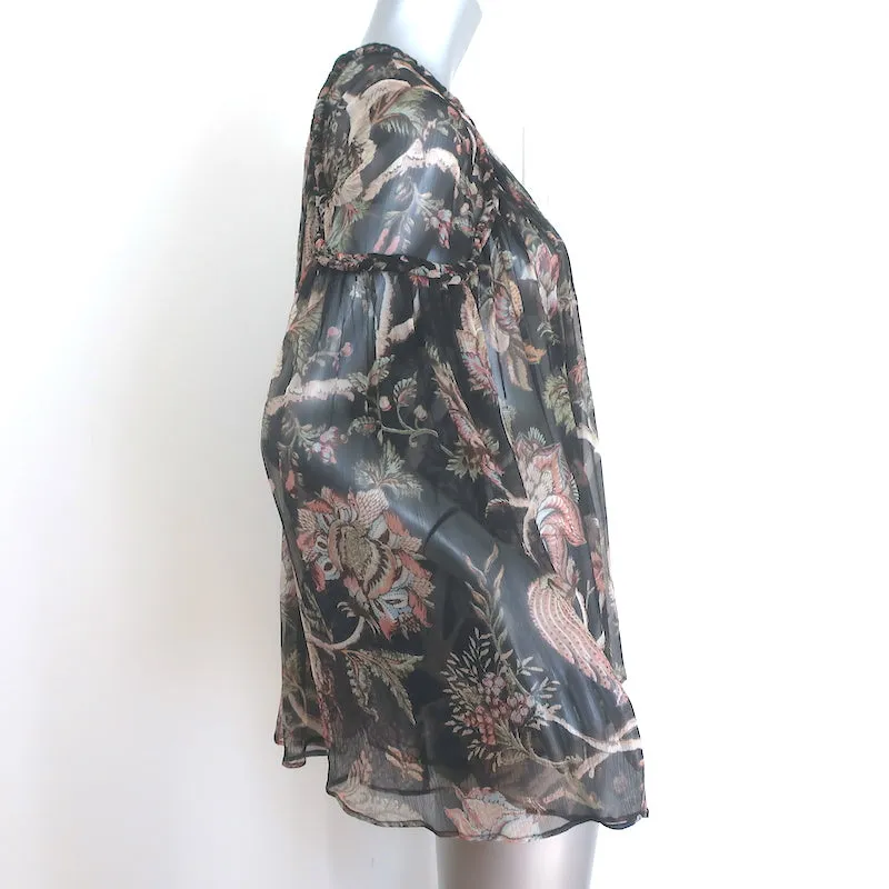 Zimmermann Prächtiges Geflochtenes Oberteil Schwarz Blumenmuster Chiffon Größe 1 Glockenärmel Bluse