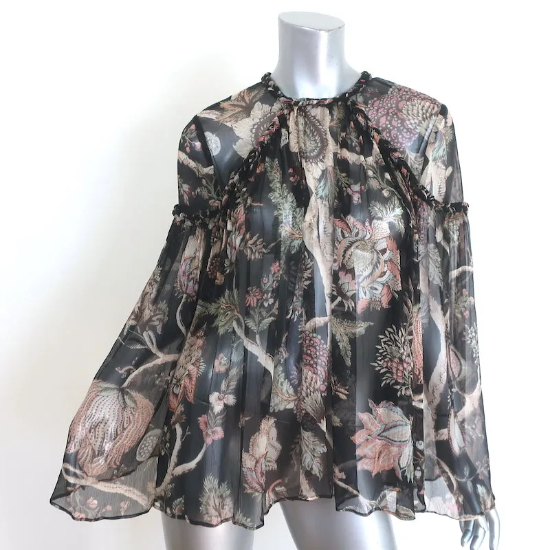 Zimmermann Prächtiges Geflochtenes Oberteil Schwarz Blumenmuster Chiffon Größe 1 Glockenärmel Bluse