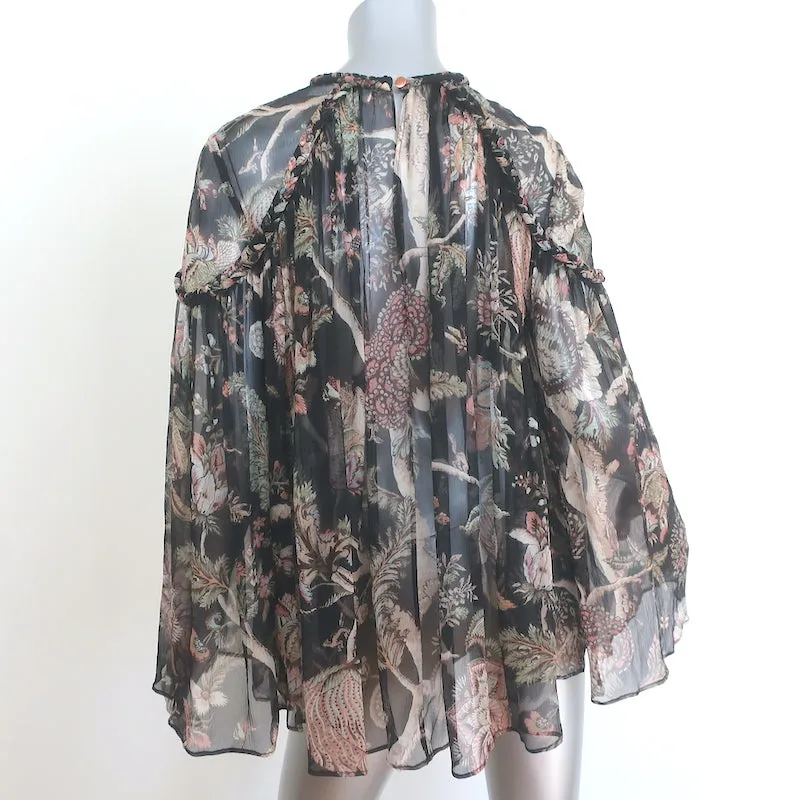 Zimmermann Prächtiges Geflochtenes Oberteil Schwarz Blumenmuster Chiffon Größe 1 Glockenärmel Bluse