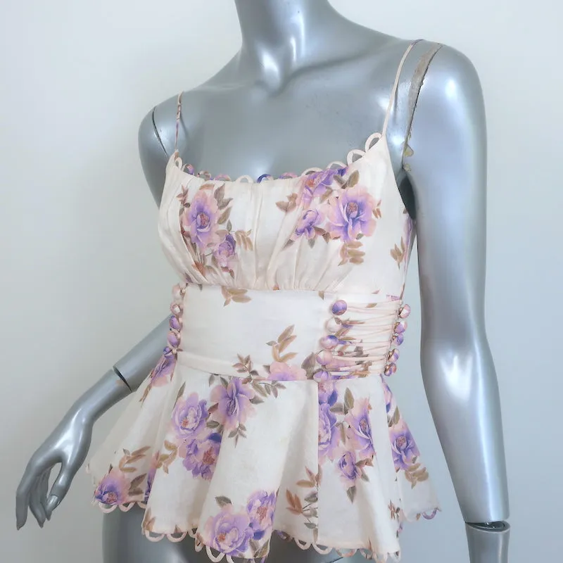 Zimmermann Rosa Spitzen-Peplum-Tanktop Creme Blumenprint Leinen Größe 0